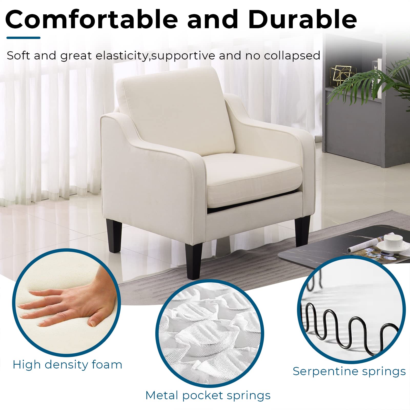 VINGLI Mid Century Modern Accent Chair, Beige Fabric Accent Chairs for Living Room Upholstered Armchair Sofa with Scooped Arms for Bedroom, Apartment, Studio, Office, Waiting Room