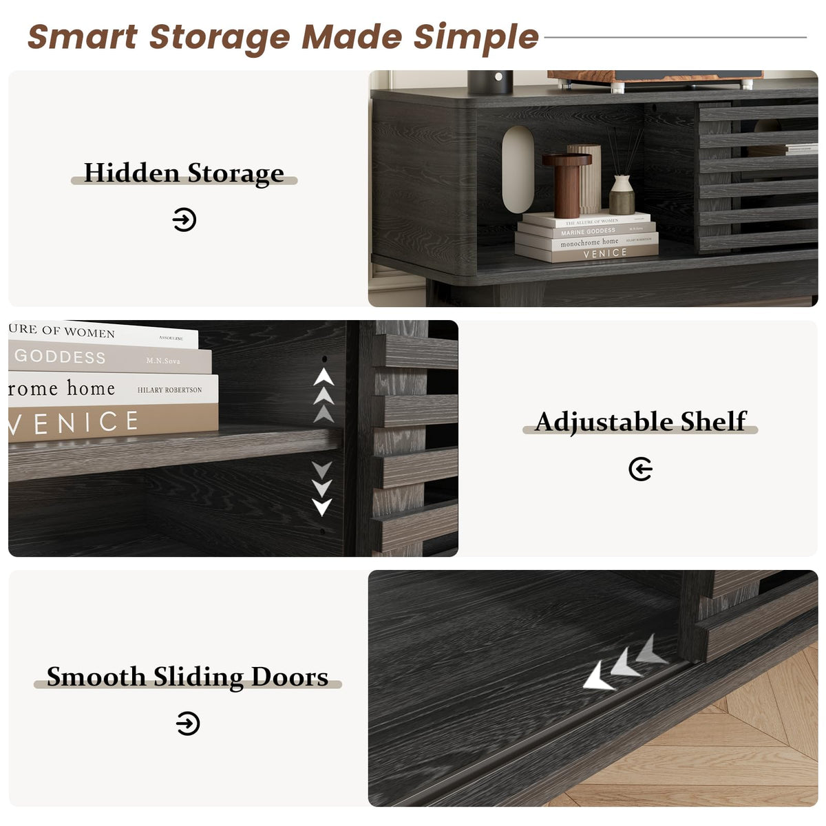 Luoxiao TV Stand with Storage, 59" Modern Black Wood Entertainment Center