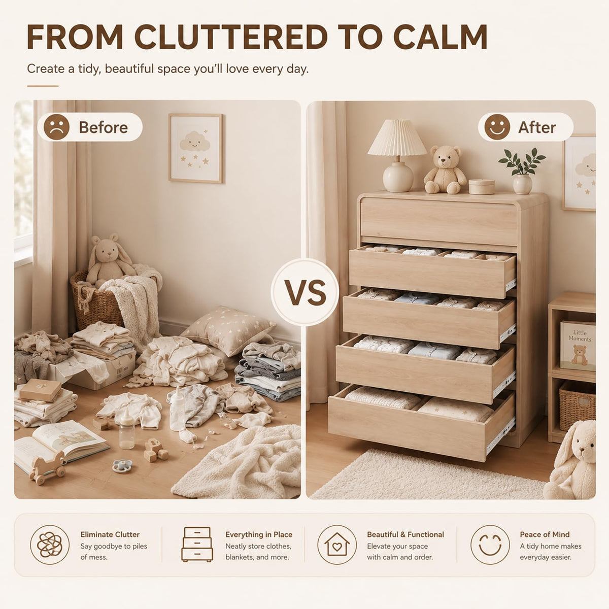 Madaha 5 Drawer Dresser for Bedroom,Curved Edge Design Modern Dressers & Chest of Drawers, Nursery Dresser Natural Oak