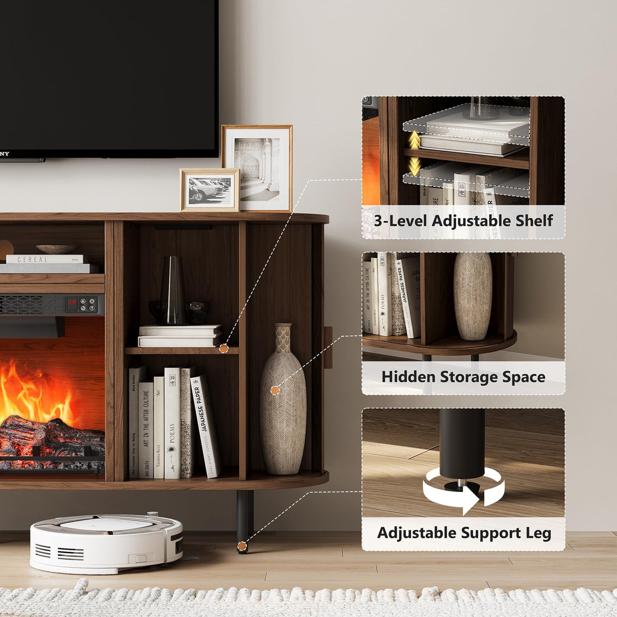 ONBRILL 63" Fluted Fireplace TV Stand with 23" Electric Fireplace, Walnut