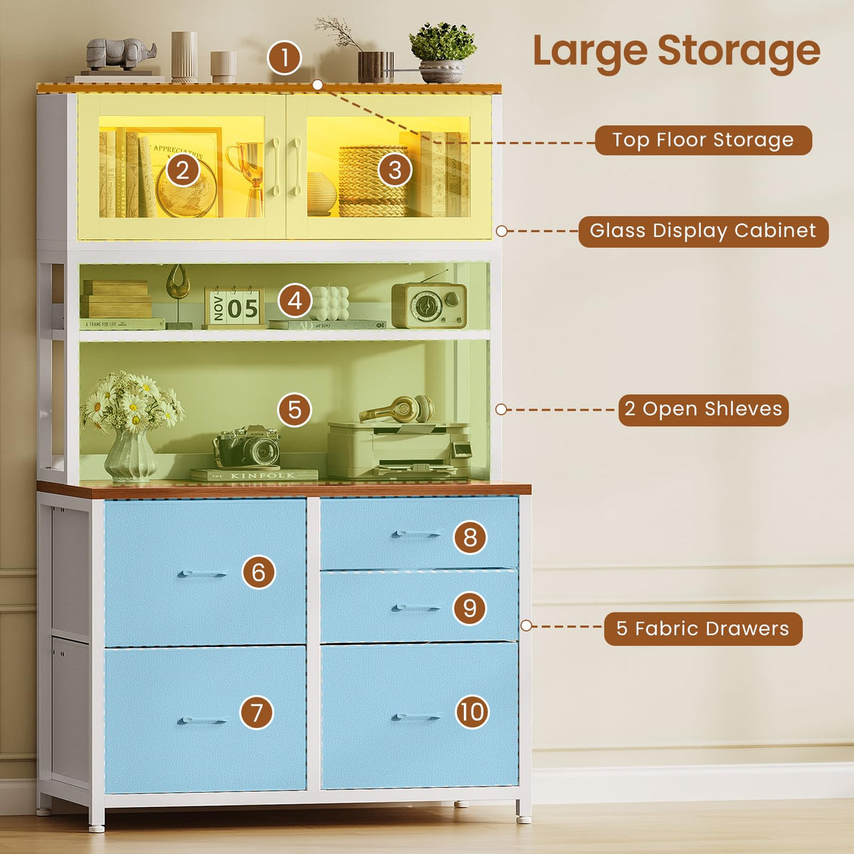 SEDETA 5 Fabric Drawer File Cabinet with Power Strip, 31.5" Filing Cabinet fits Legal, Letter, A4 Size File for Home Office with Printer Stand, LED Lights and Storage Shelf, White + Brown