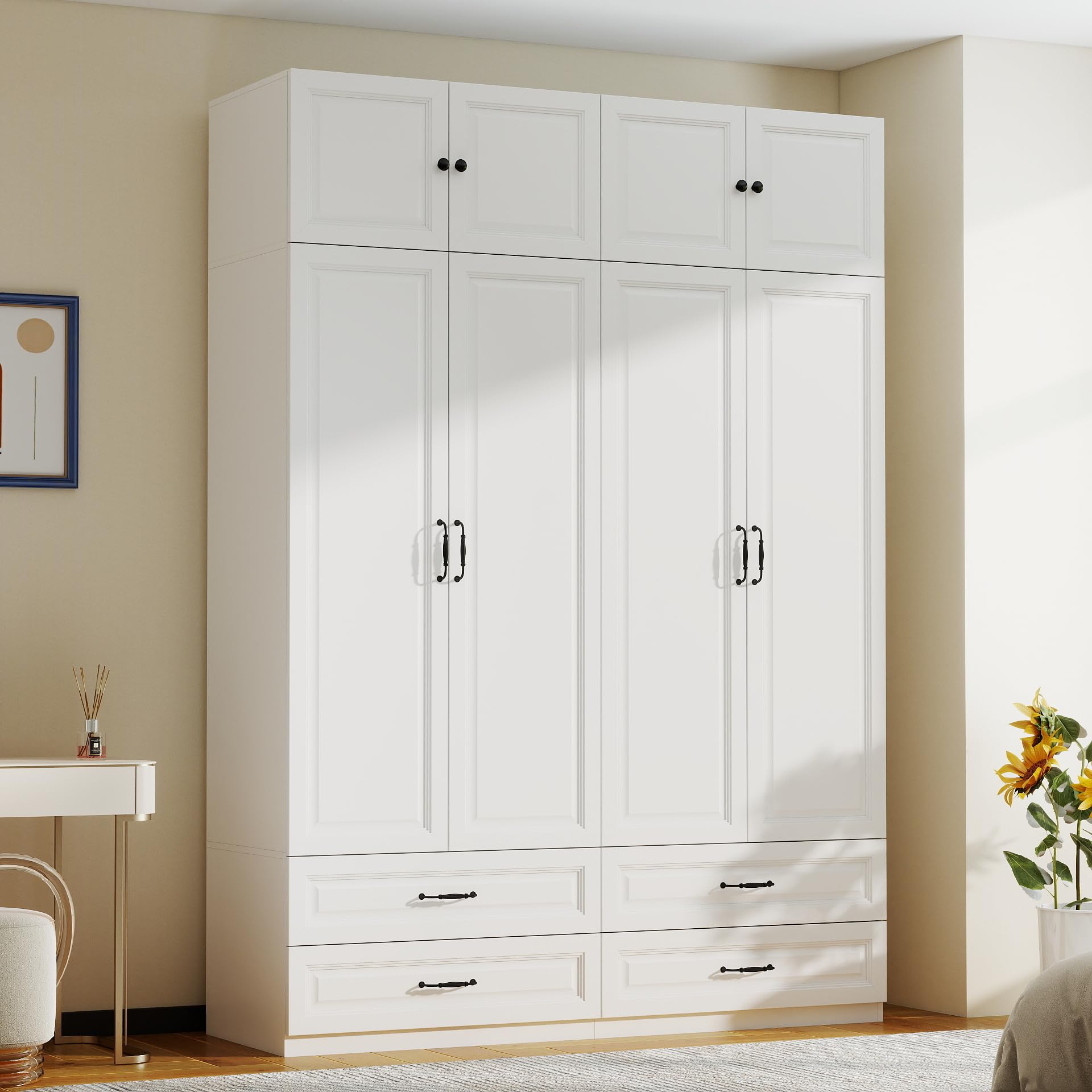 Tall Armoire Wardrobe Closet with 4 Drawers & Top Cabinet