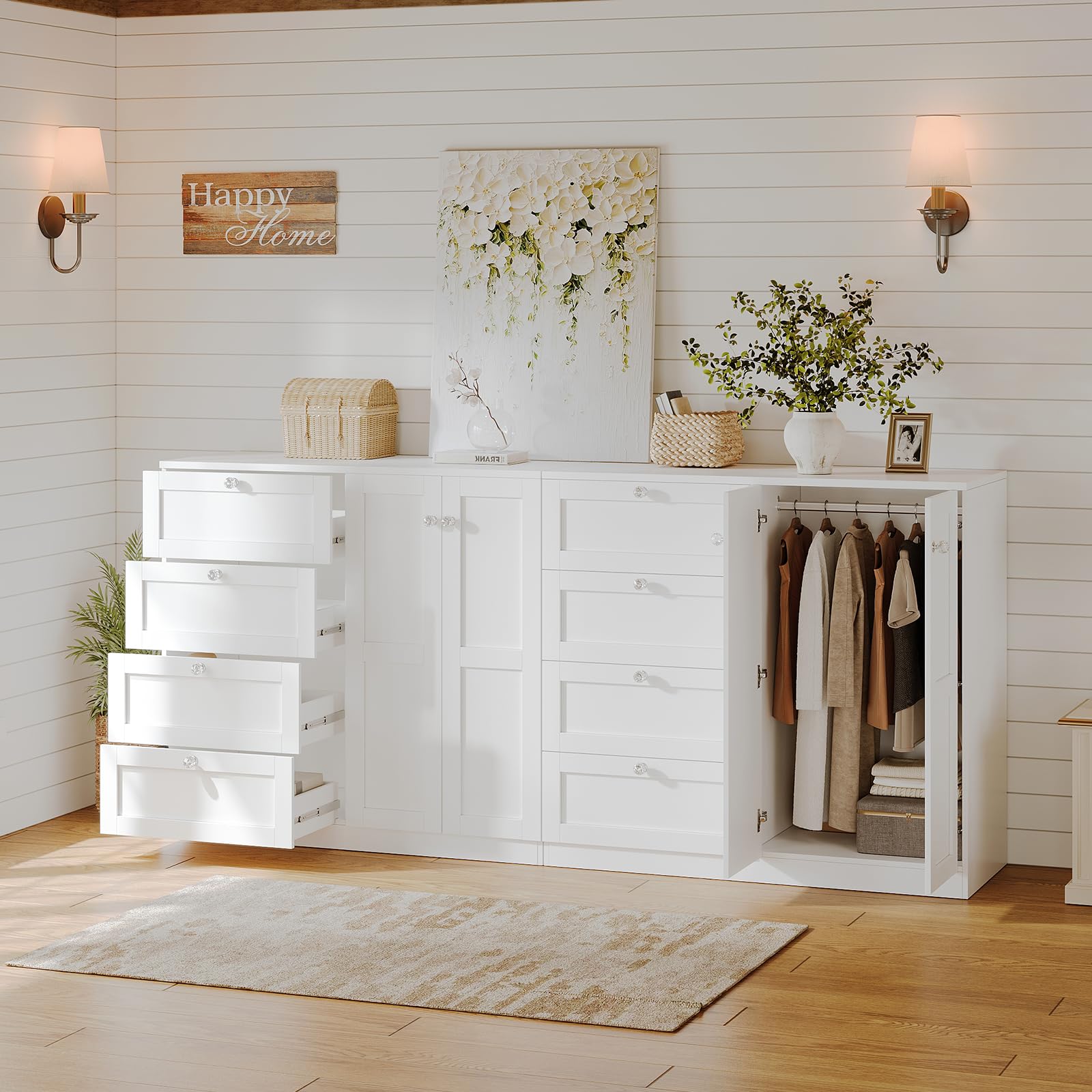 VOWNER Armoire Wardrobe Closet with 4 Drawers and 2 Doors, 43''H Clothing Storage Cabinet Dresser with Hanging Rod, Cothes Wardrobe for Bedroom, Baby Closet, White
