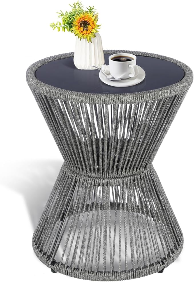 Woven Rope Outdoor Side Table with Glass Top