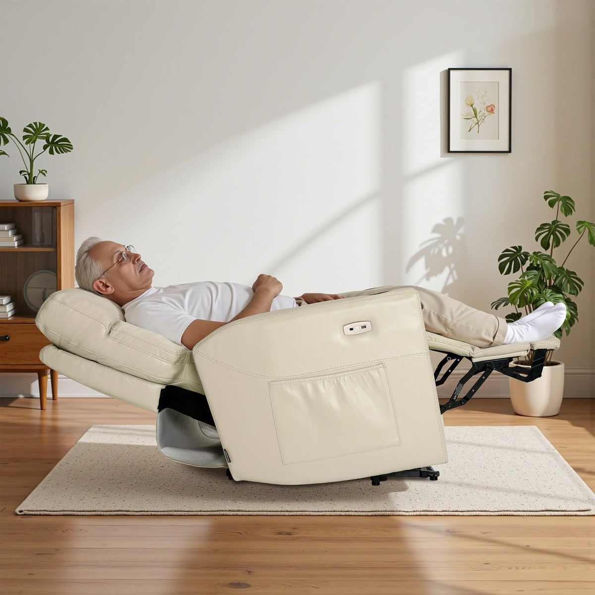 MCombo Triple Motor Oversized Lay Flat Power Lift Recliner Chair with Infinite Position, for 380lbs and Heights 5'7''-6'6" Big and Tall People, Adjustable headrest, Faux Leather R7177 (Cream White)