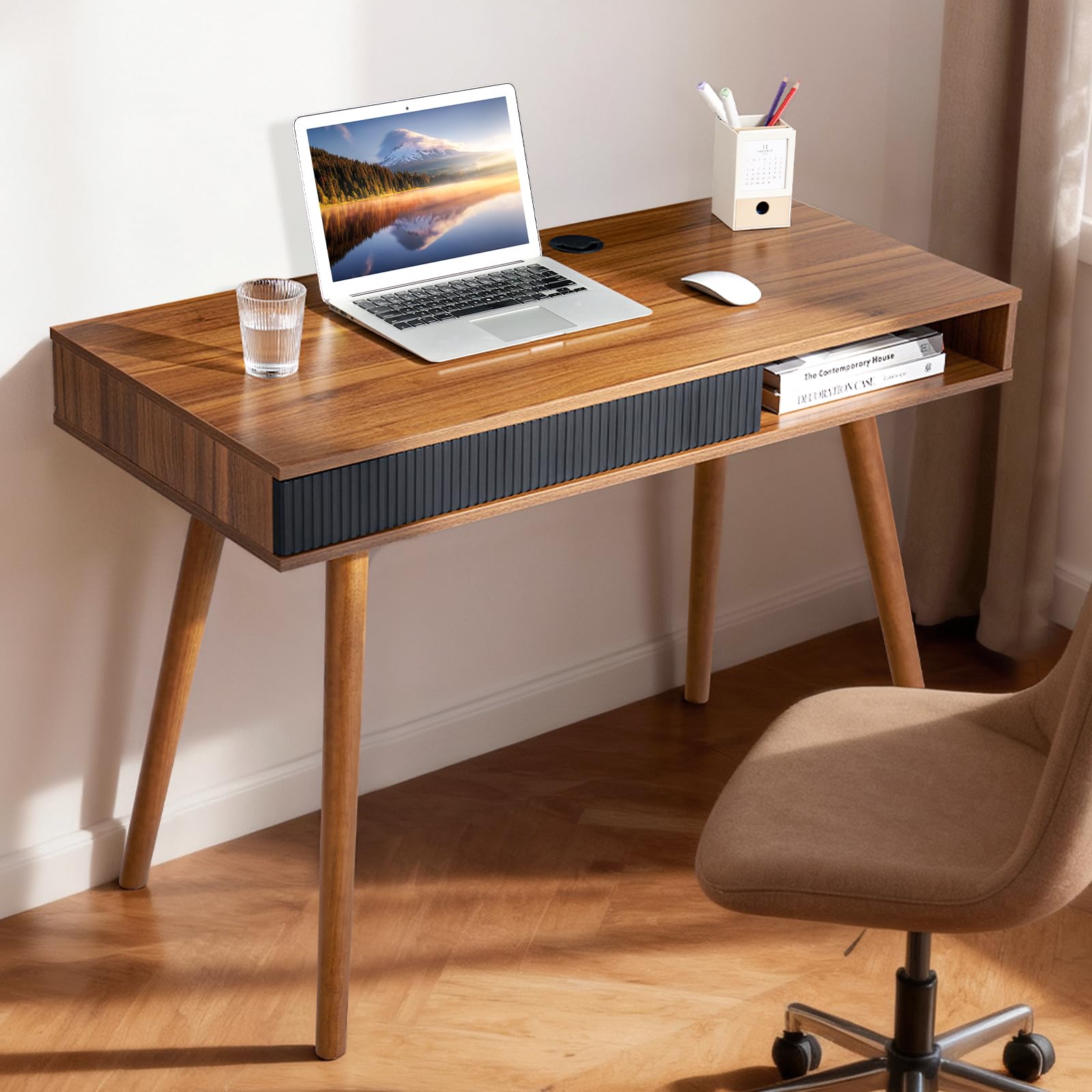 Mid Century Modern Writing Desk with Drawer & Open Cubby