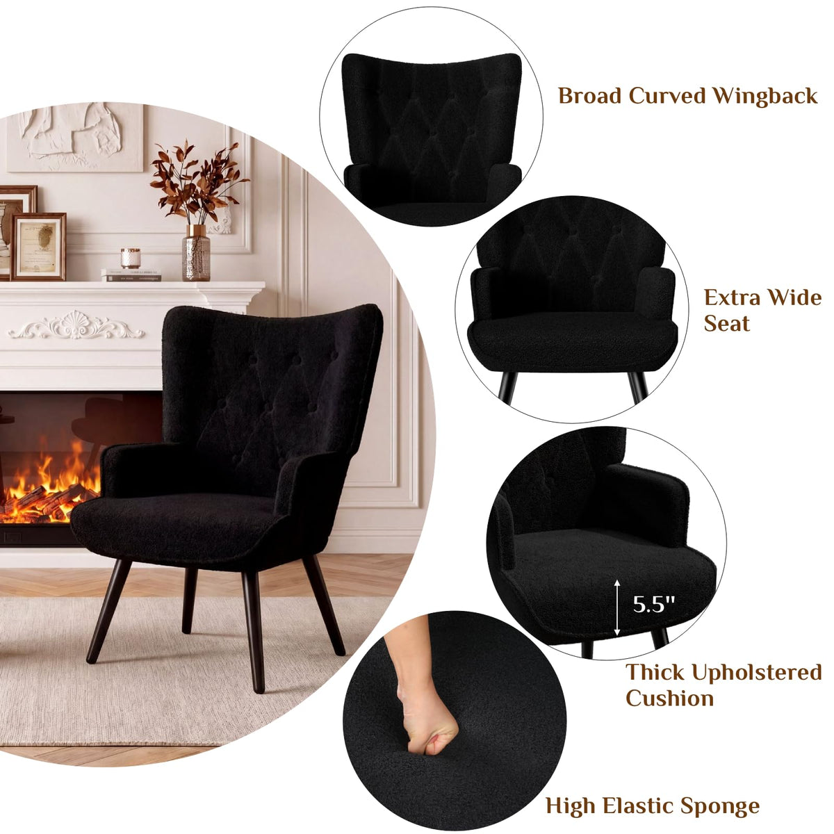 Black Teddy Wingback Chairs, Set of 2