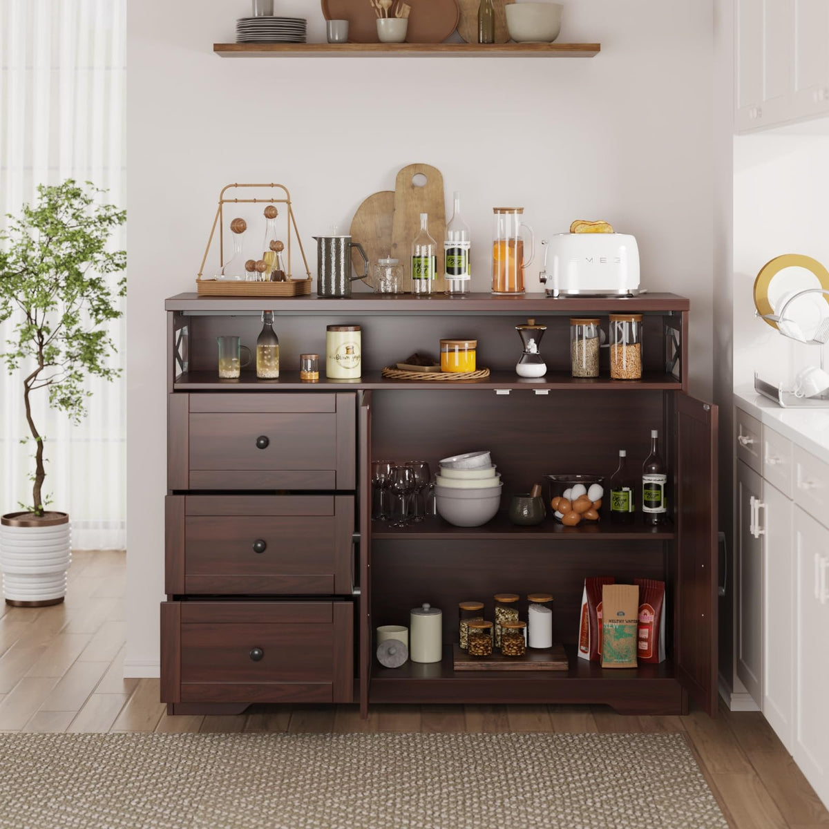 Dark Brown Farmhouse Storage Cabinet with Doors & Drawers