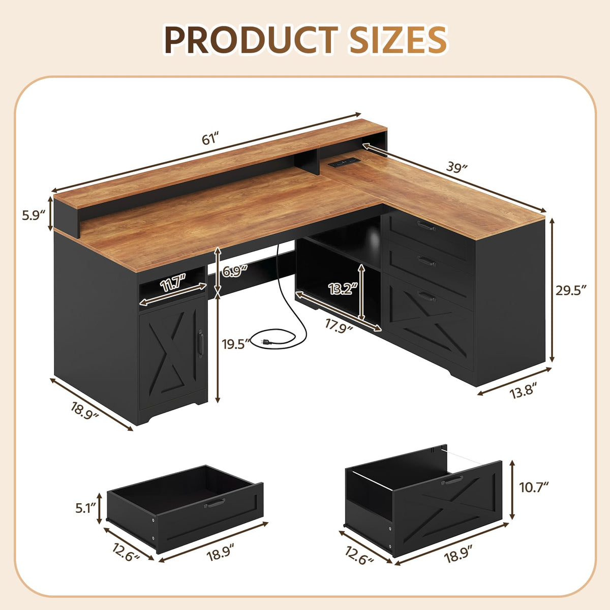 61" Farmhouse L Shaped Desk with Drawers ＆ Storage Shelves for Home Office