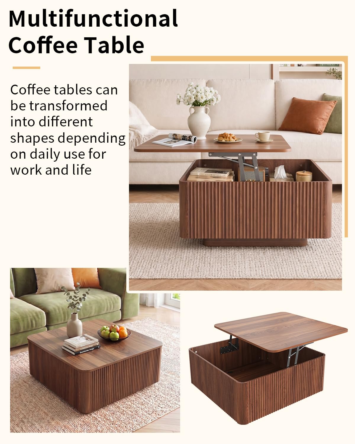 ASDHVCCO Lift Top Coffee Table, Farmhouse Square Fluted Center Table, 31.5" Modern Wooden Tea Table with Hidden Storage LED for Living Room, Apartment, Small Spaces, Walnut