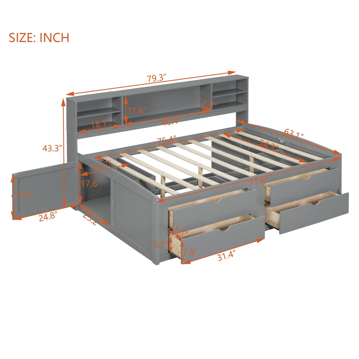 SOFTSEA Full Captains Bed with Drawers & Shelves, Wood Storage Daybed, Grey