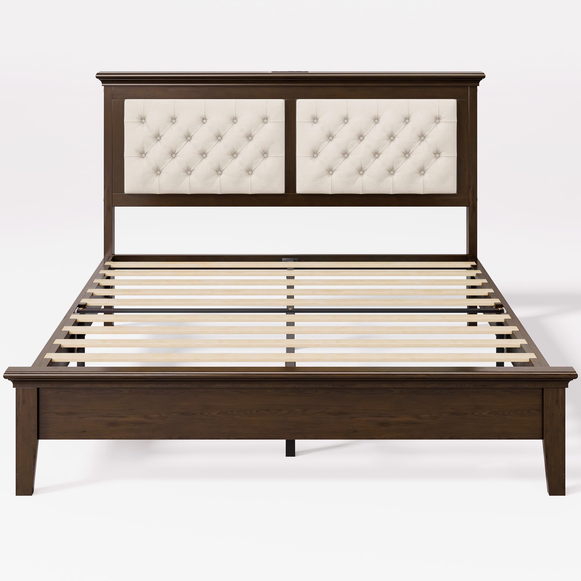Lifezone Solid Wood Queen Size Bed Frame 41.5” Tall Diamond-Tufted Upholstered Headboard, American Classic Flat-Top Bed, Stable Structure, Wood Slats Support, Noise-Free, No Box Spring Needed, Walnut