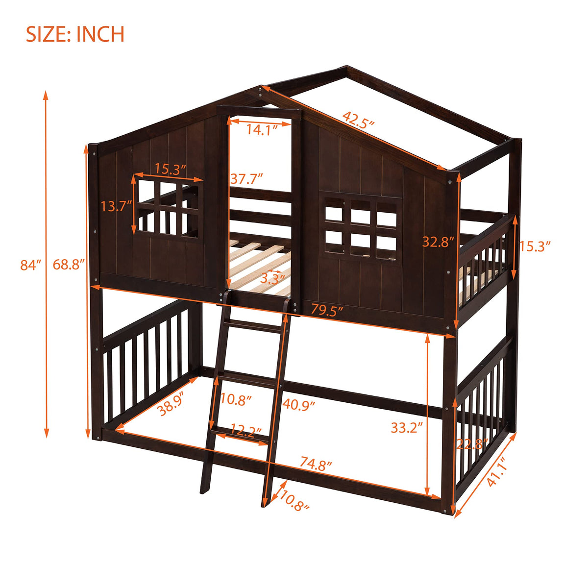 House Bunk Bed Twin Over Twin with Roof and Window for Kids Teens, Espresso