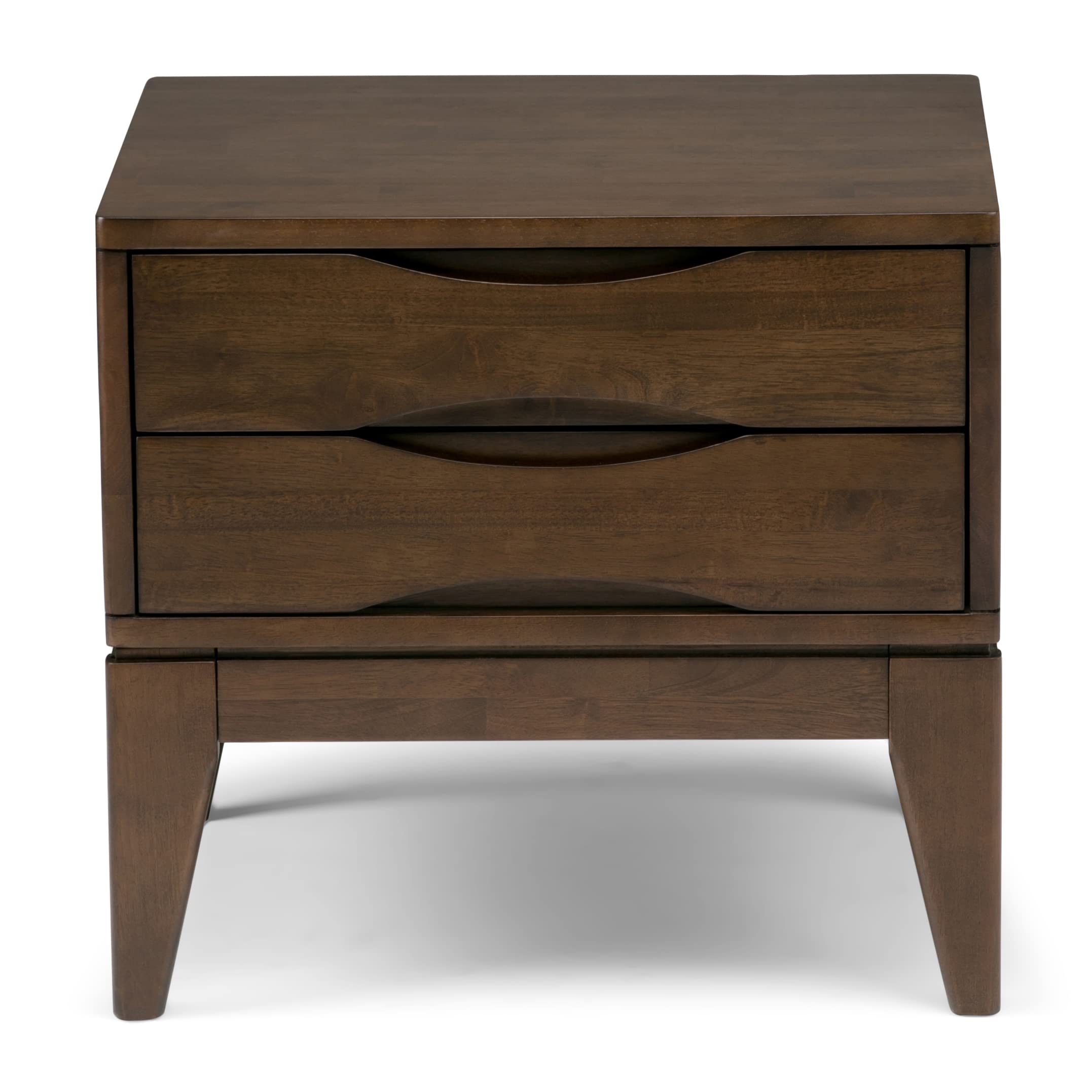 SIMPLIHOME Harper End Table - 22 inch Wide Solid Wood 2 Drawer Side Table in Walnut Brown, Mid Century Modern Accent Table for Living Room with Tapered Legs and Notched Handles