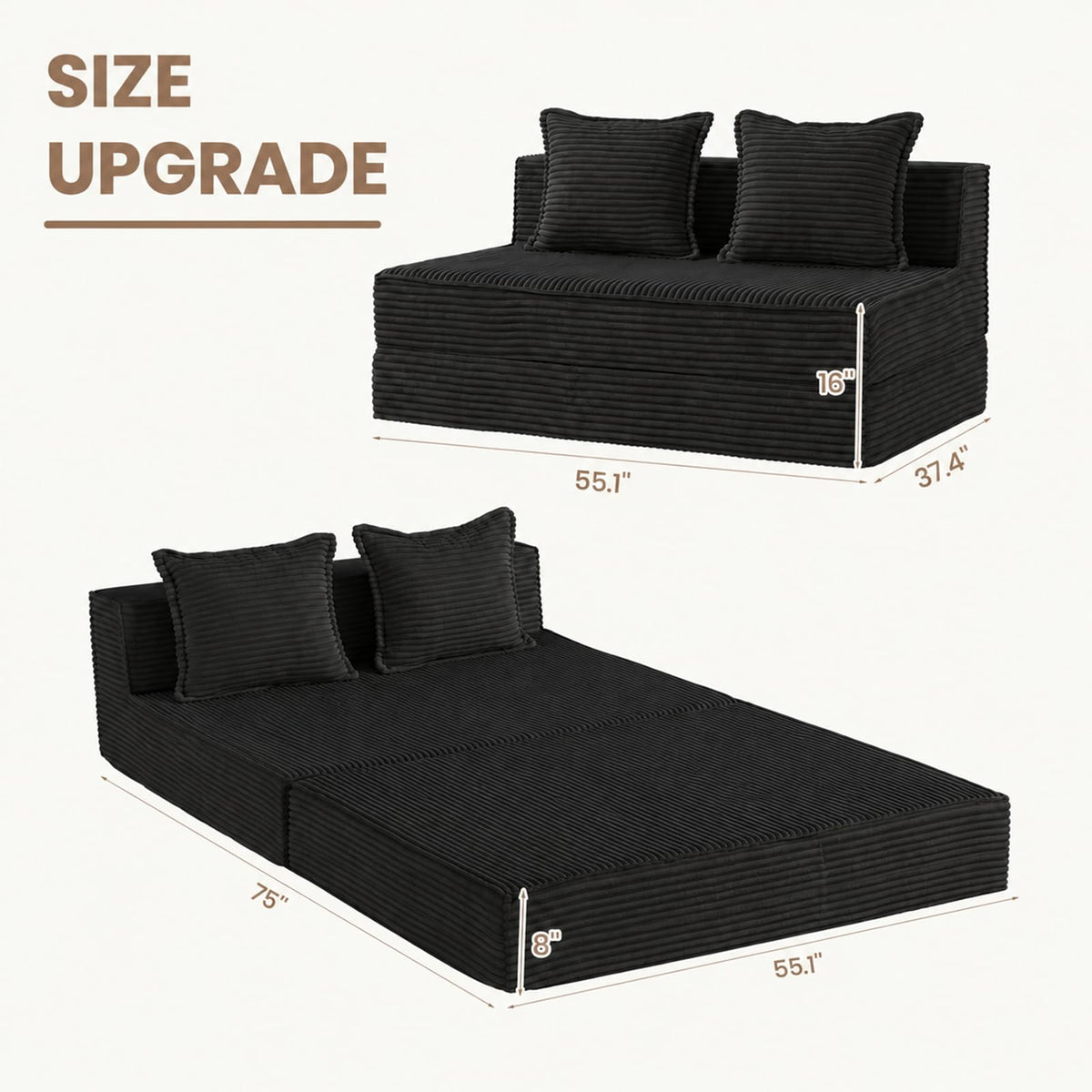 AOLVDOW Convertible Sofa Bed, Boneless Couch Loveseat Sleeper Chair Bed with 2 Pillows,Corduroy Floor Futon Folding Sofa Bed for Living Room Bedroom Guest Room (Black, Loveseat)