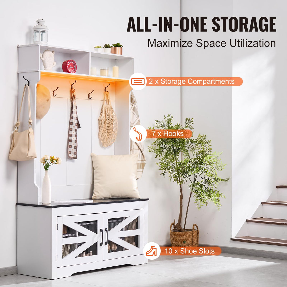 LED Hall Tree with Shoe Storage Bench