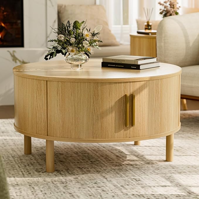 Round Coffee Table with Sliding Door Cabinet