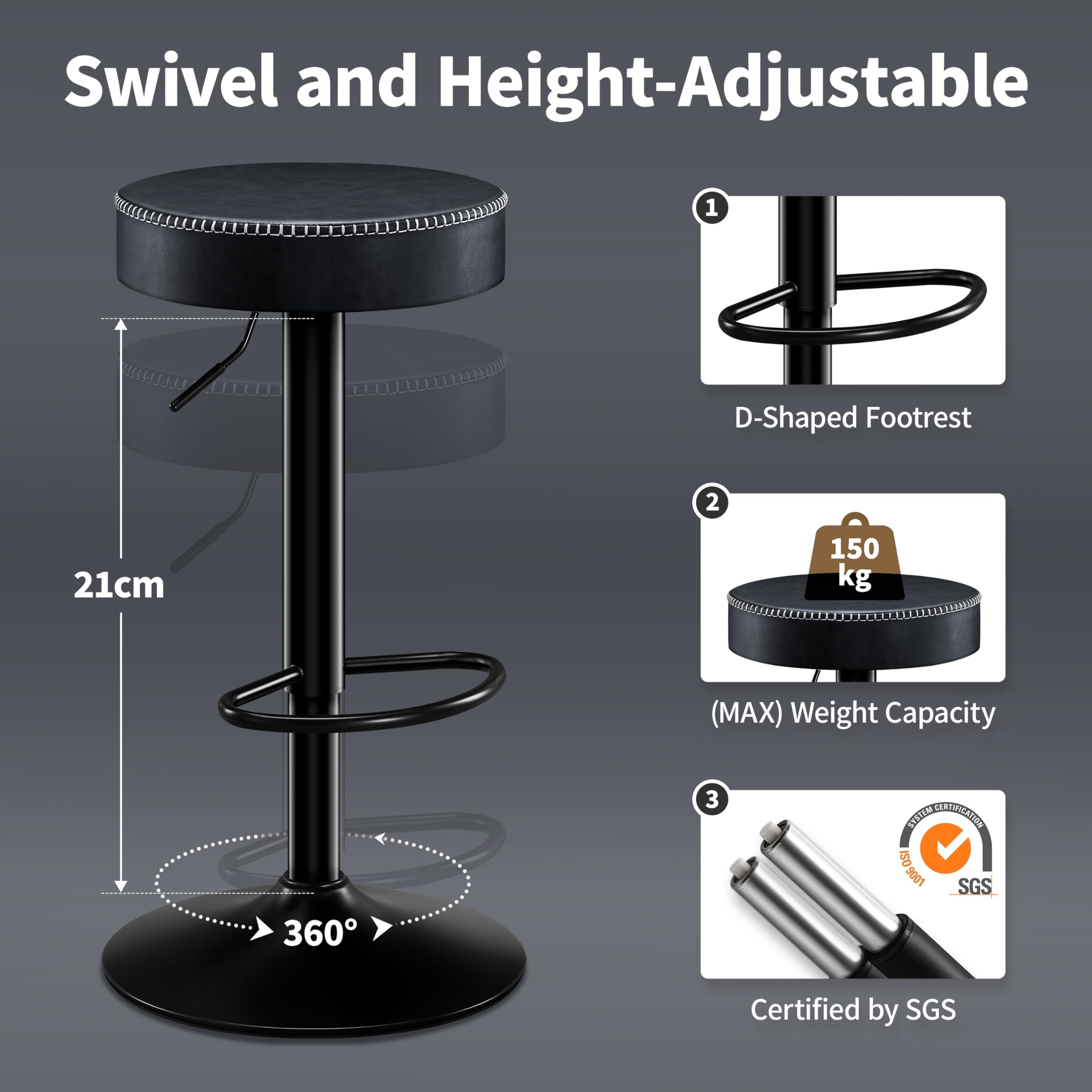 STOOLINK Swivel Bar Stools Set of 2 Black Microfiber Leather Counter Height Bar Stools with Round Seat Adjustable Backless Barstools Modern Tall Bar Chairs for Kitchen Island (24-33 Inch,330lbs)