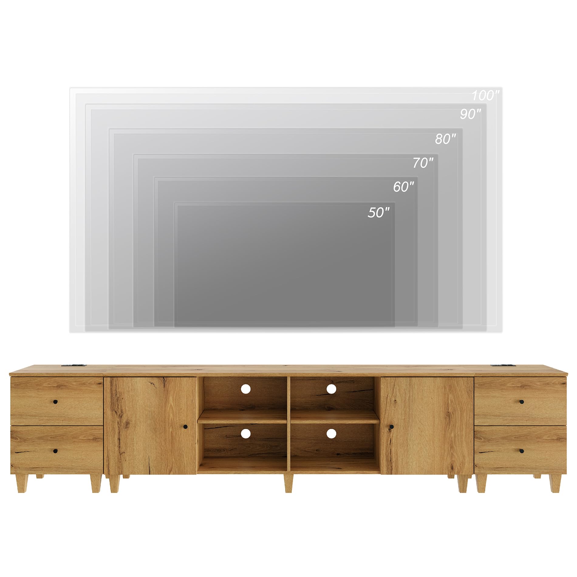 WAMPAT 3-in-1 TV Stand w/Doors&Charging Station, 105" Modern Wood Entertainment Center Media Console for 110+ inch TVs, TV Cabinet w/Shelves&4 Drawers for Living Room, Bedroom, Oak Brown