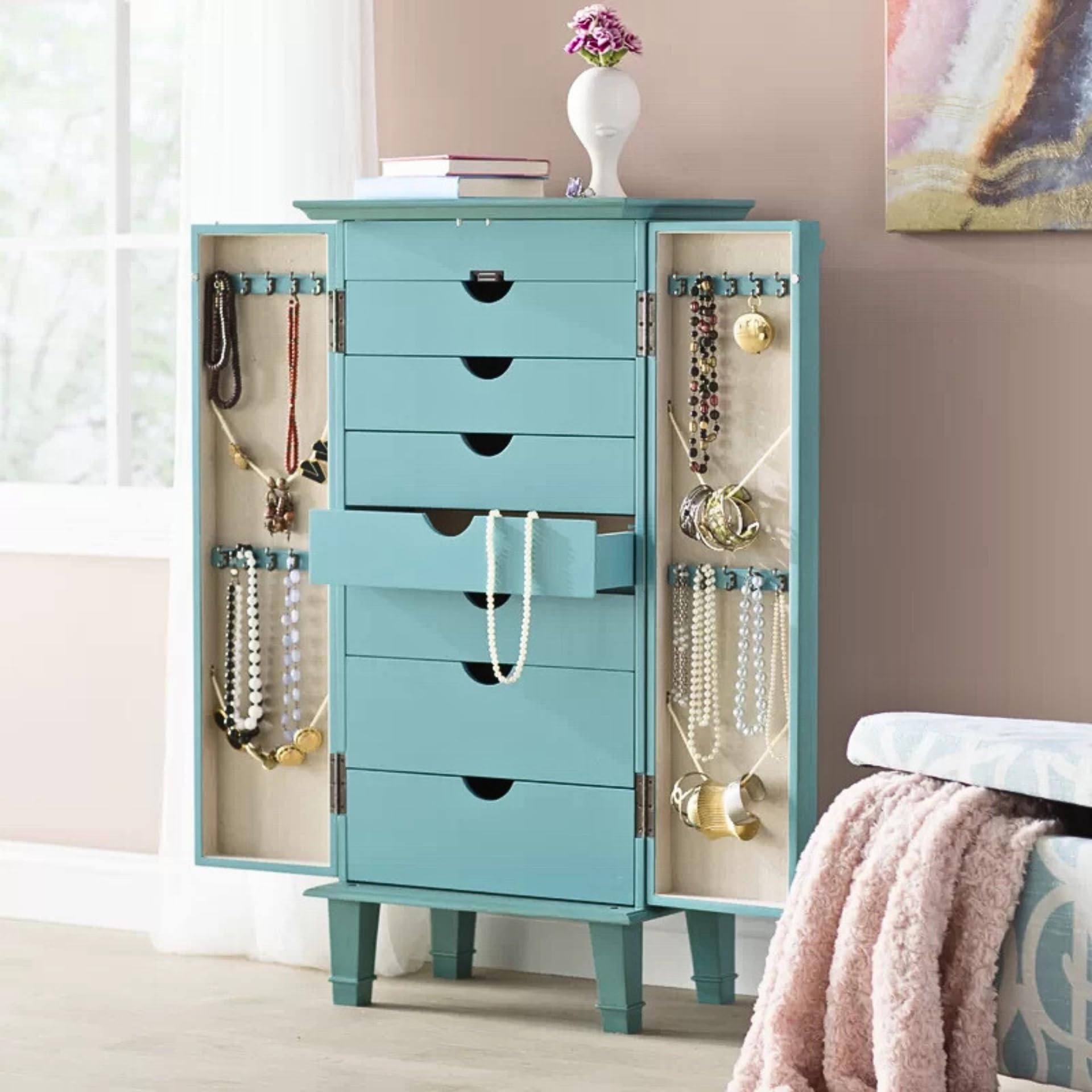 Standing Jewelry Armoire with Mirror & 7 Drawers – Turquoise