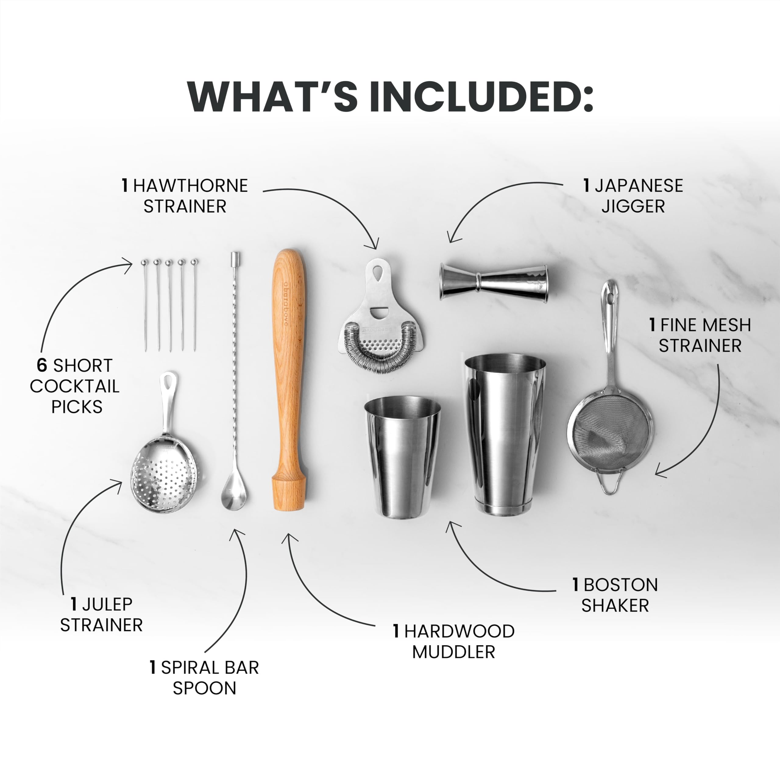 A Bar Above 14-Piece Stainless Steel Bartender Kit, Premium Professional Barware Set for Home Bars and Mixologists, Includes Cocktail Shaker, Jigger, Spoon, Strainers, Muddler, Picks, and More