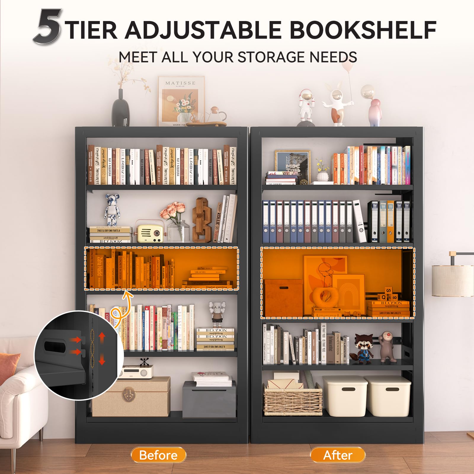 CRPDY 71" Tall Metal Bookshelf 5 Tier Heavy Duty Bookshelves with Adjustable Storage Shelves Library Bookcase with Book Stopper for Living Room, Library, Office, Bedroom, School