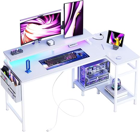 L-Shaped Gaming Desk with LED Lights & USB Charging