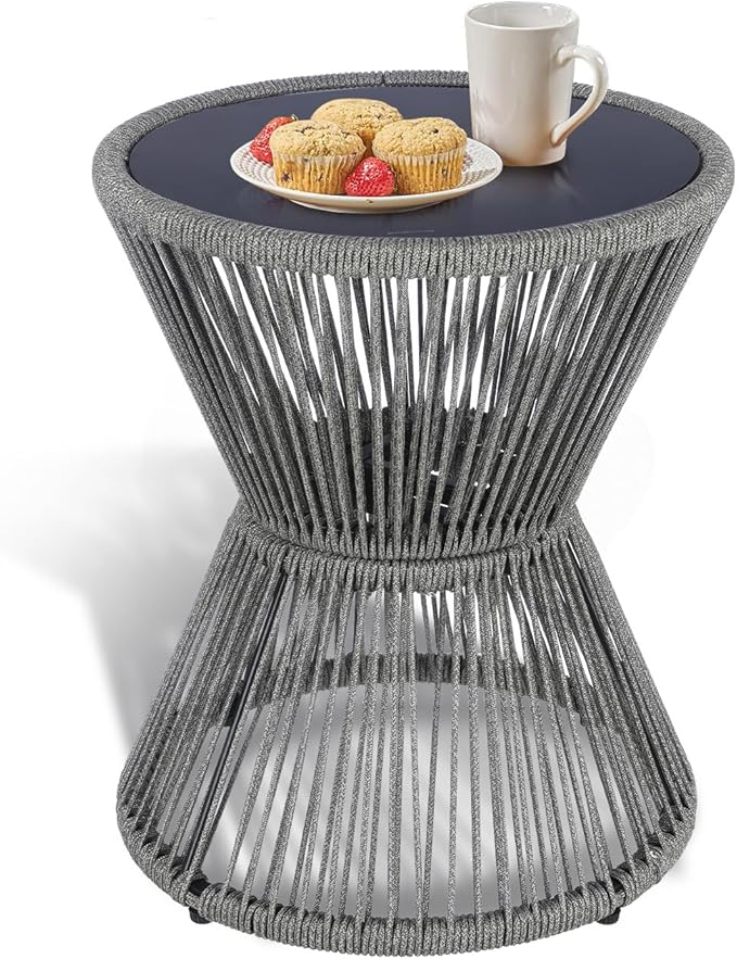 Woven Rope Outdoor Side Table with Glass Top