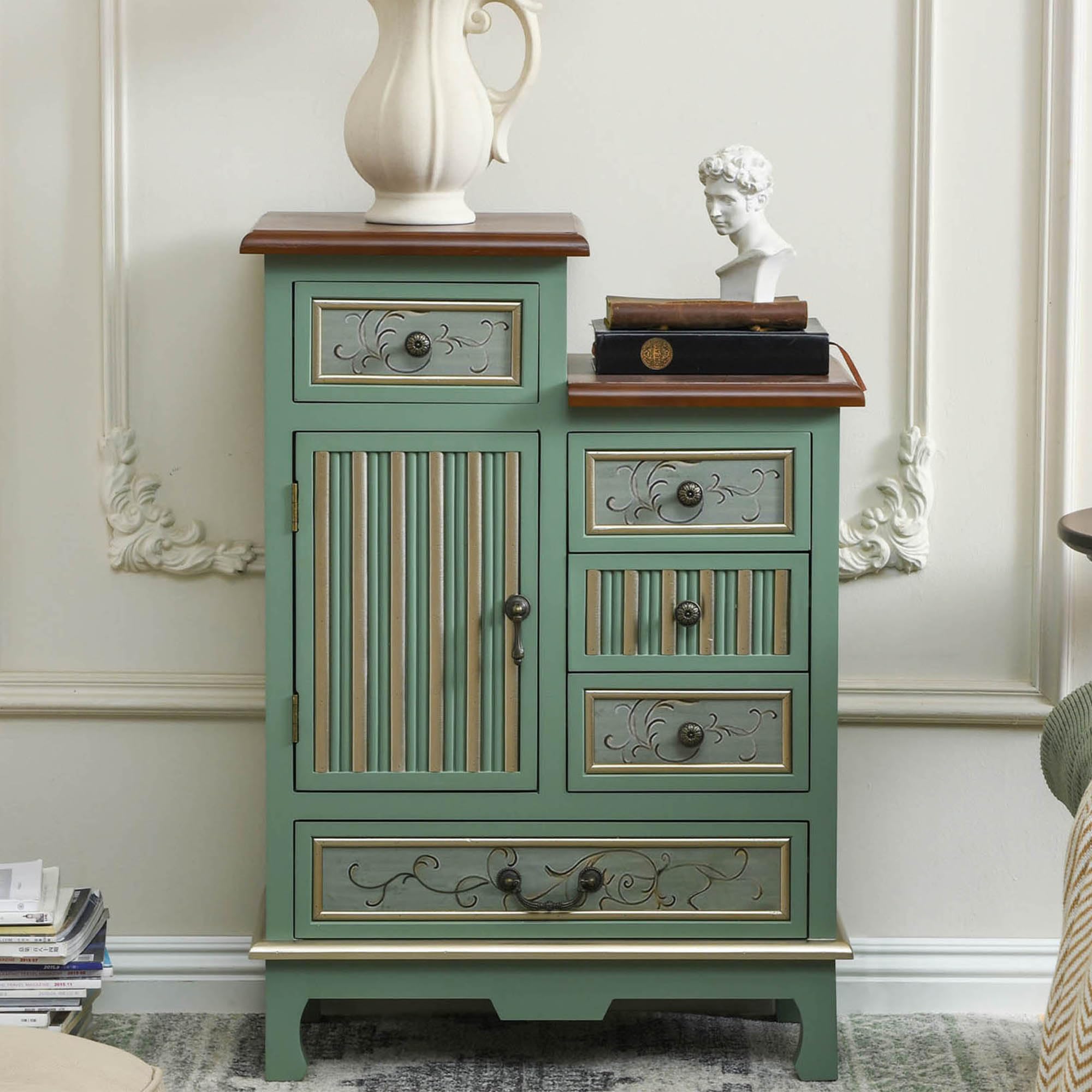 Vintage Accent Cabinet with 5 Drawers & Door – Carved Wood Storage Dresser