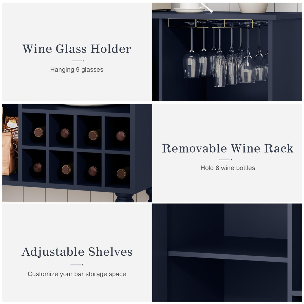 Surmorn Arched Fluted Coffee Bar Cabinet with Storage& Wine Racks, Blue