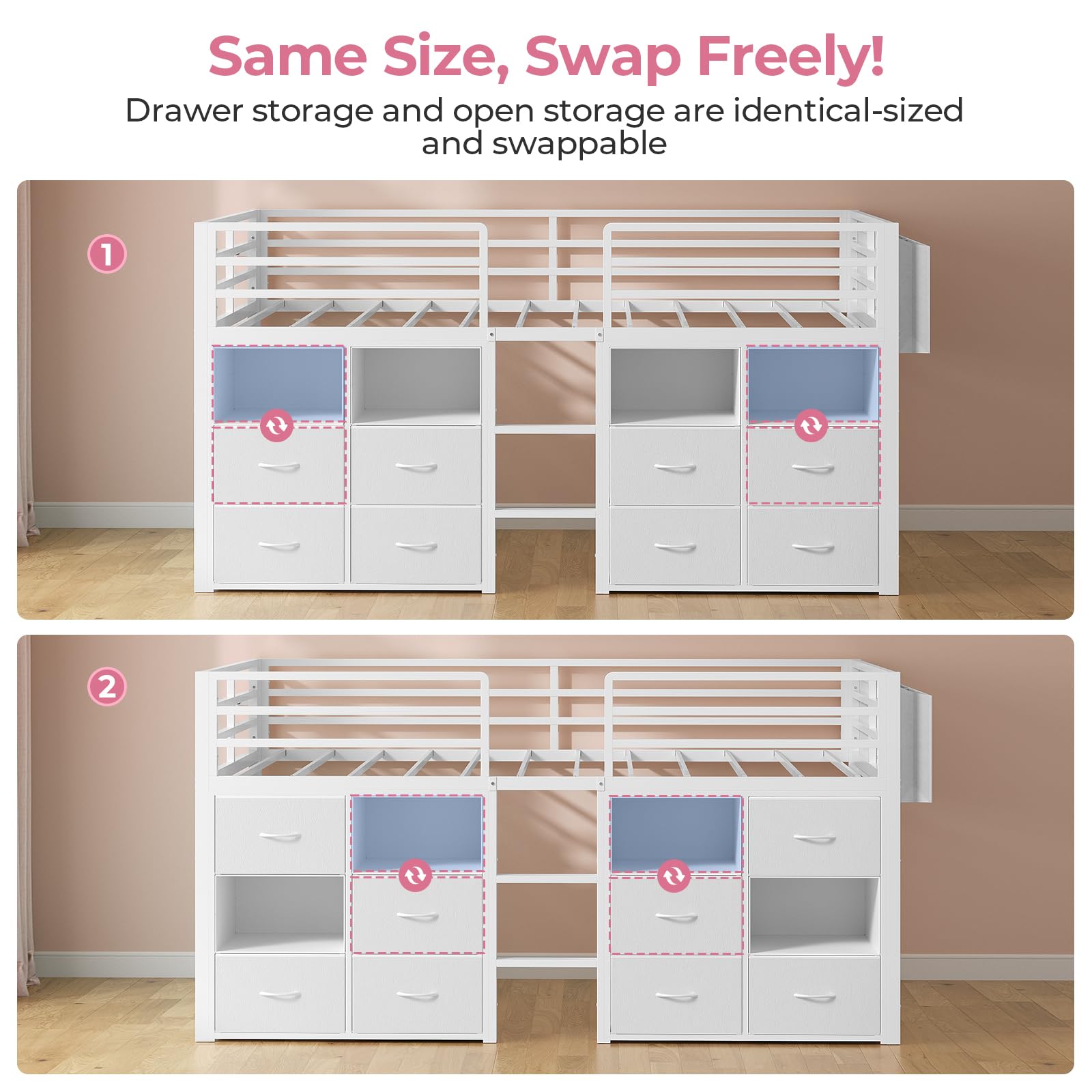 Kids Low Loft Bed Twin with Storage Drawers & LED Lights
