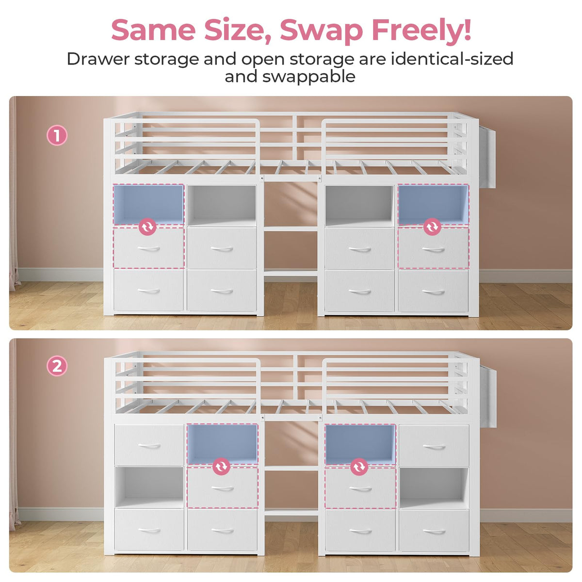 ADORNEVE Low Loft Bed Twin Size with 8 Storage Drawers for Kids, White