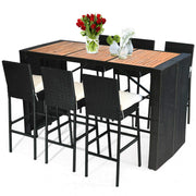 7-Piece Outdoor Wicker Bar Dining Set with Acacia Wood Table & Removable Cushions