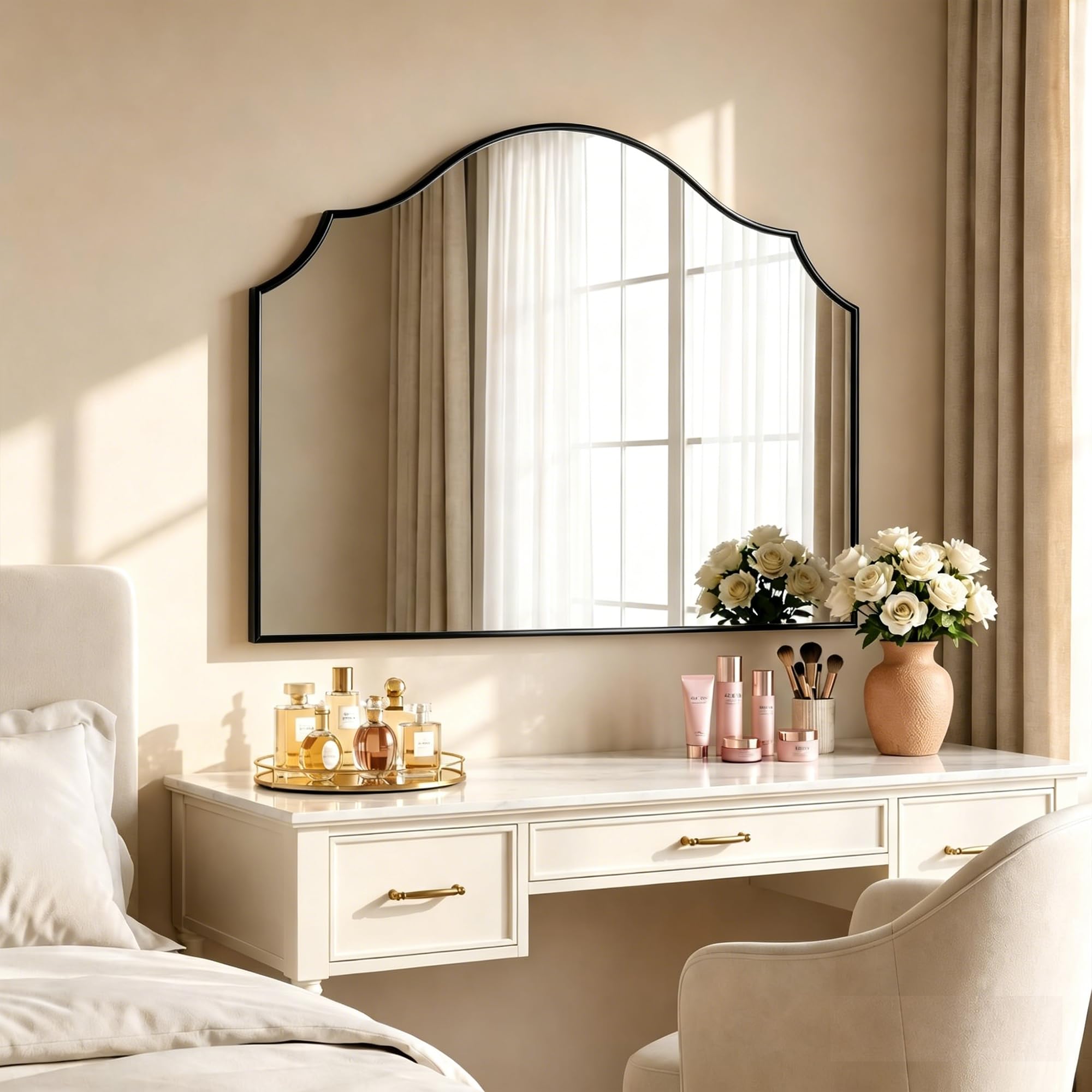 VIWILII 29"x39" Black Scalloped Vanity Mirror, Modern Minimalist Wall Mounted Wooden Arched Mirror for Bathroom, Living Room, Bedroom, Hallway, Fireplace, Entryway, Dresser