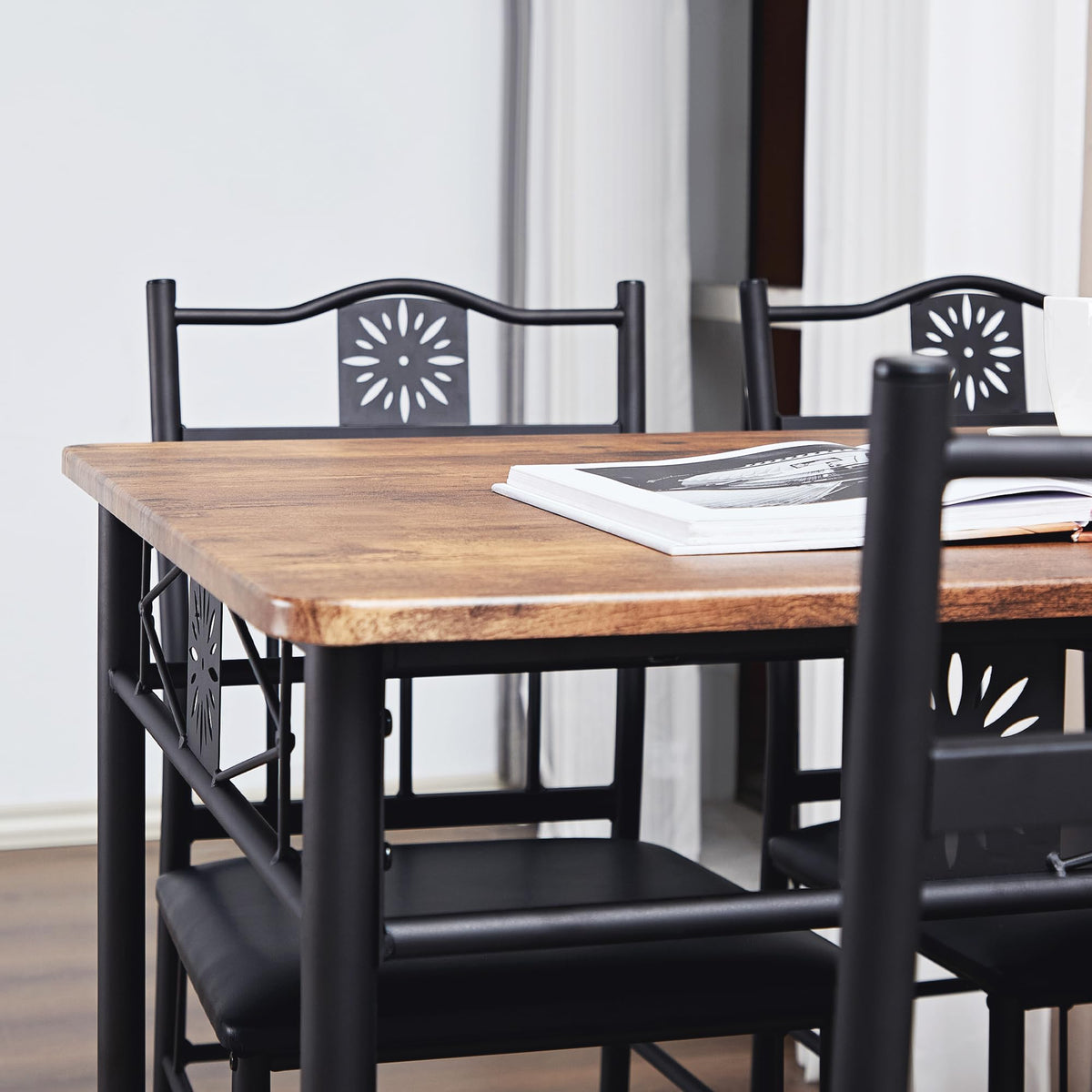 VECELO Kitchen Dining Room Table Sets for 4, 5 Piece Wood Rectangular Breakfast Nook, Dinette with PU Padded Chairs, Brown