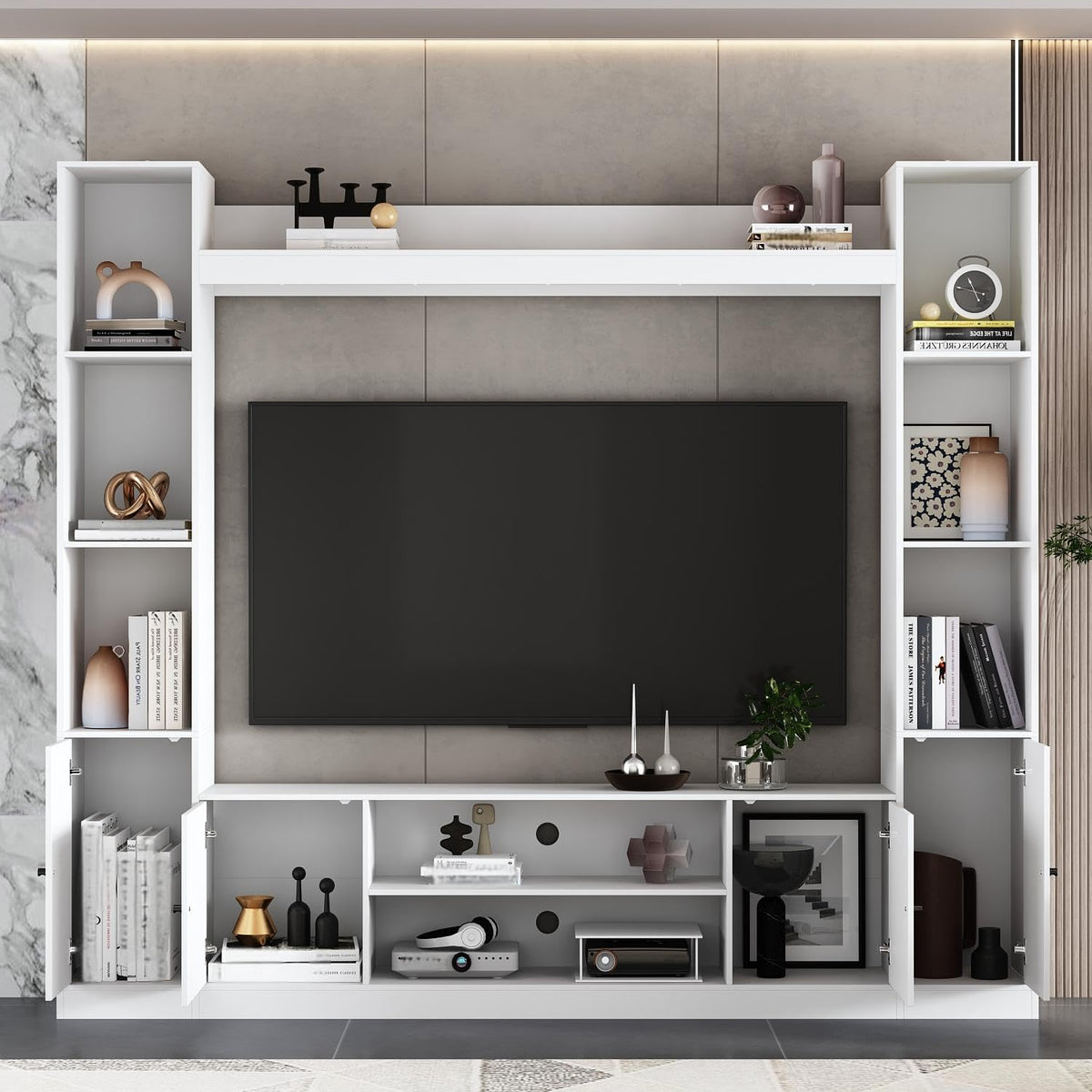 ECACAD 81" W Wall Unit Entertainment Center with Bookshelves, White