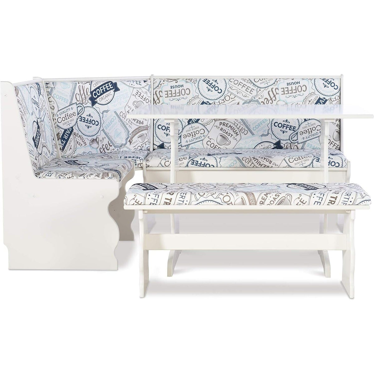 HomeStock Antique Coffee Nook 66.25x50.25x34.5 in - Modern Traditional White Finish Corner Kitchen Nook Table Set with Upholstered Fabric Seats, 48 lbs, Booth Dining Table Set