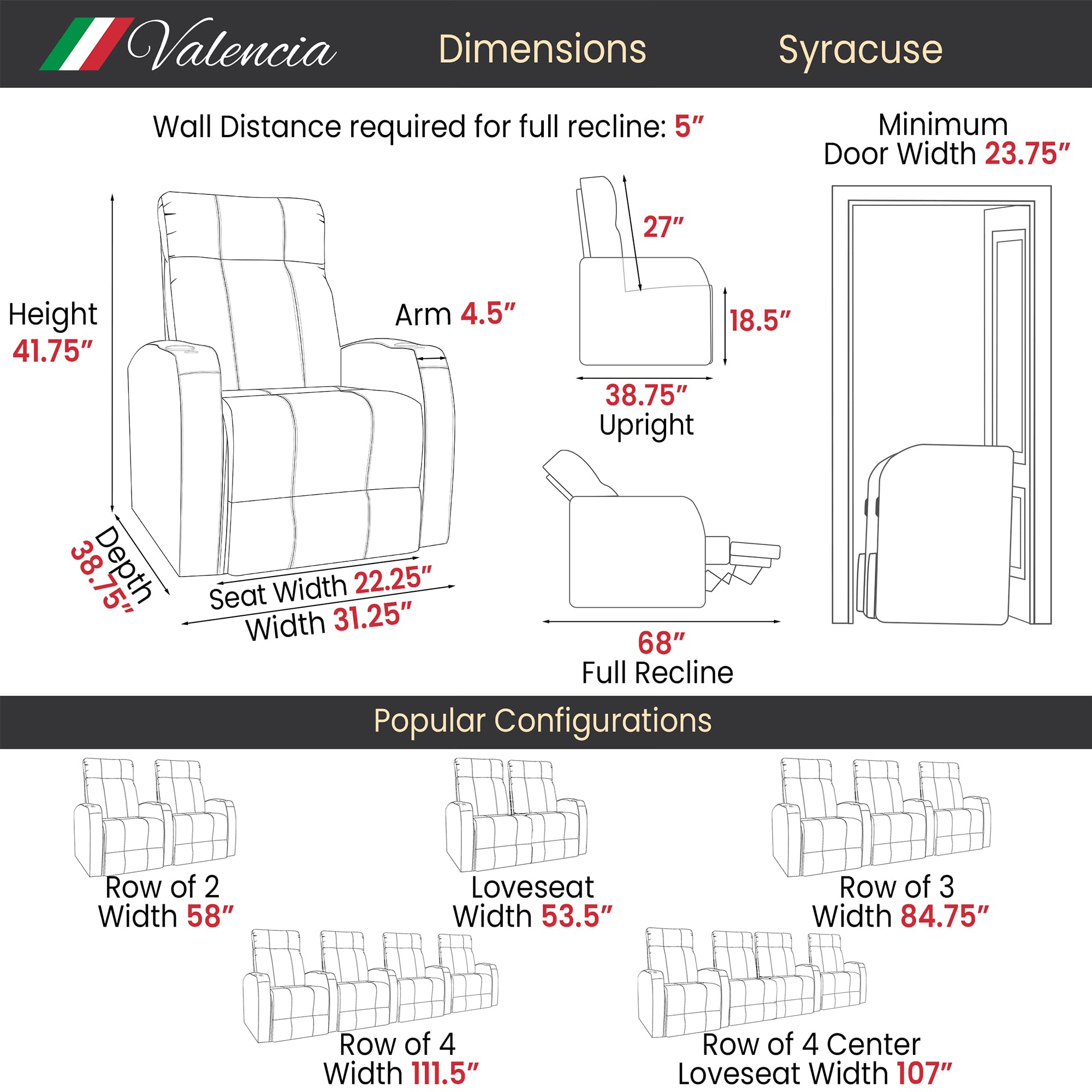 Valencia Syracuse Home Theater Seating | Premium Top Grain Nappa 9000 Leather, Power Recliner, LED Lighting (Row of 4 Loveseat Center, Black)