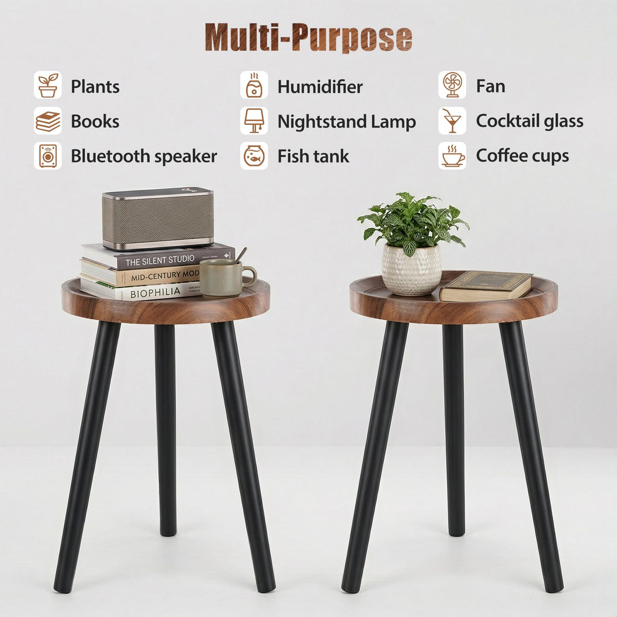Mid Century Wood Plant Stand – 120 lbs Heavy Duty Plant Stand with Raised Tray & Spray Painted Legs, Solid Wood Side Table for Living Room, Bedroom, Entryway, Small Footprint for Plants, Decor (2 Pcs)