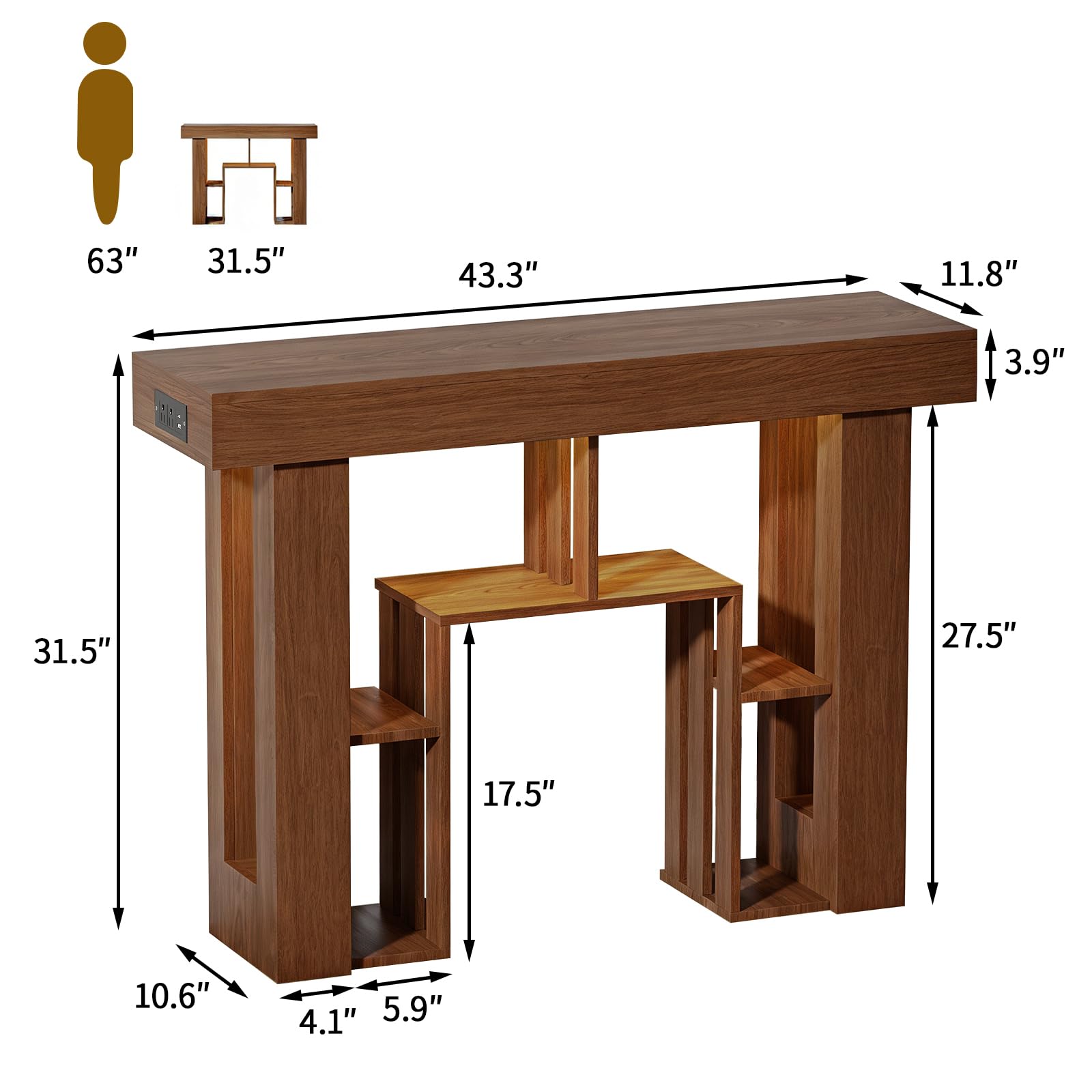 Console Table for Entryway,Narrow Console Table with Storage,Open Shelving,Sofa Table Behind Couch,Power Outlets and USB Ports,Suitable for Living Rooms,Hallways,and Entryways(Console Table-Walnut)