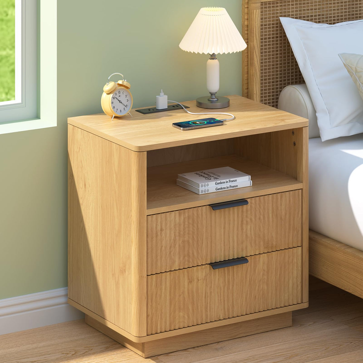 HOMMPA 24'' Fluted Nightstand Set of 2 with Charging Station, Modern Night Stand with 2 USB Ports & 2 AC Outlets, Wood Bedside Table with Open Compartment, 2 Drawer Side Table for Bedroom