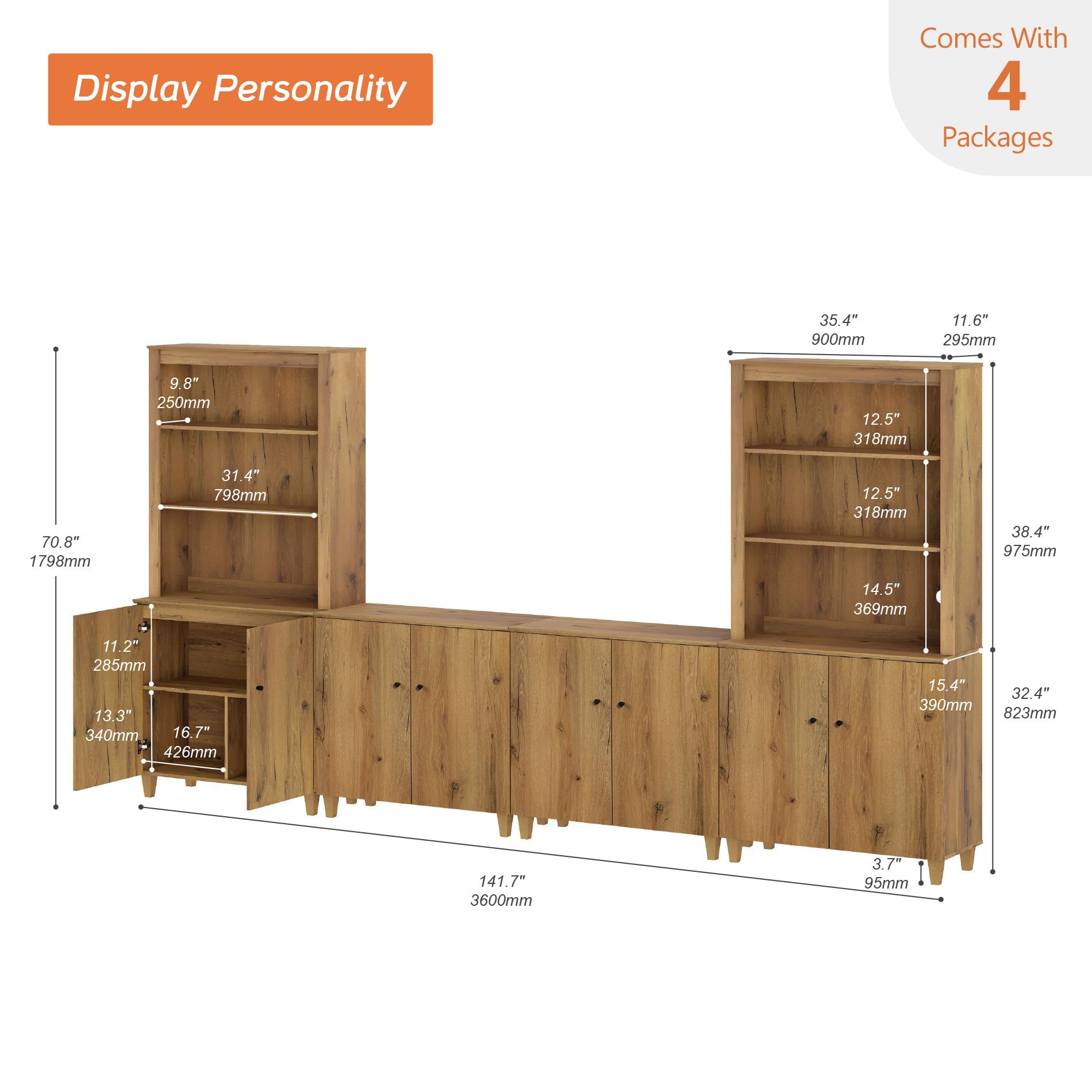 WAMPAT Entertainment Center with Bookshelves for 75" TVs, Mid-Century Modern Wall Unit TV Stand with Cabinets, Wooden Media Console Bookcase Set for Living Room Bedroom Home Theater, Oak Brown