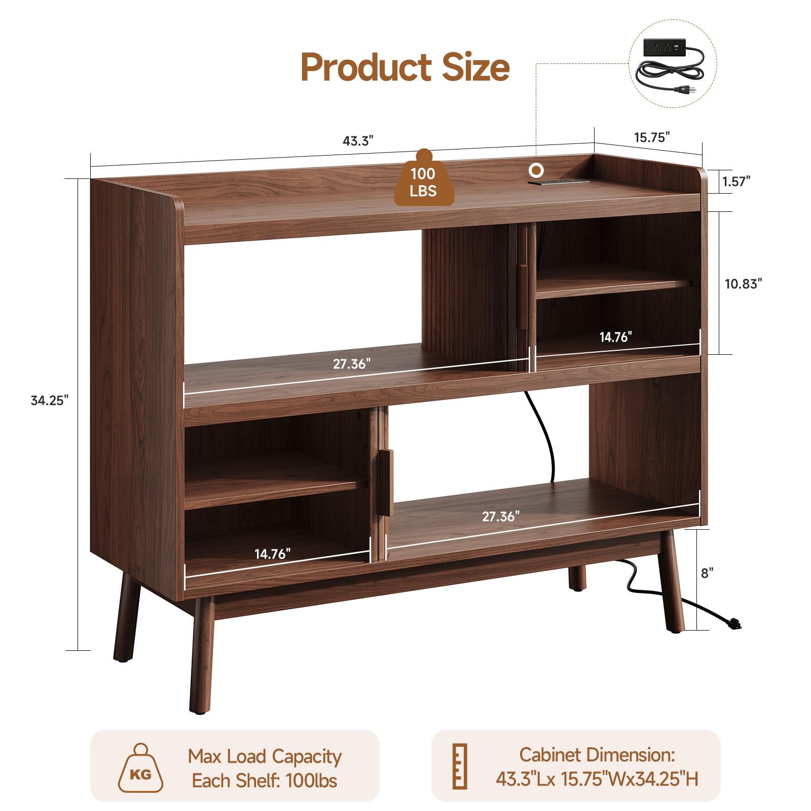 44" Sideboard Buffet Cabinet with Outlet & Sliding Doors