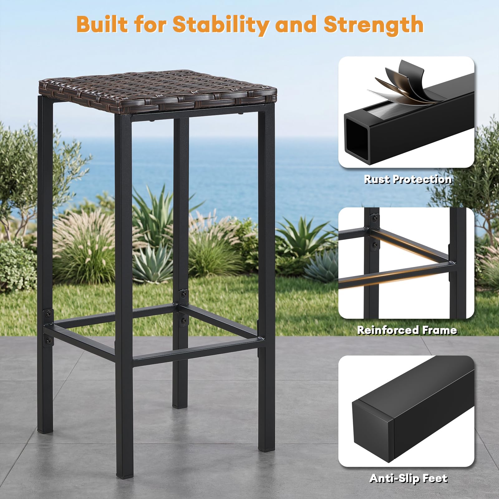 Opohoro Outdoor Tiki Bar Set - 3 Pieces Wicker Patio Bar Height Set with Palapa Top and 2 Stools, All-Weather Patio Bar Set with Storage Shelves & Wine Glass Rack for Garden Patio Backyard Brown