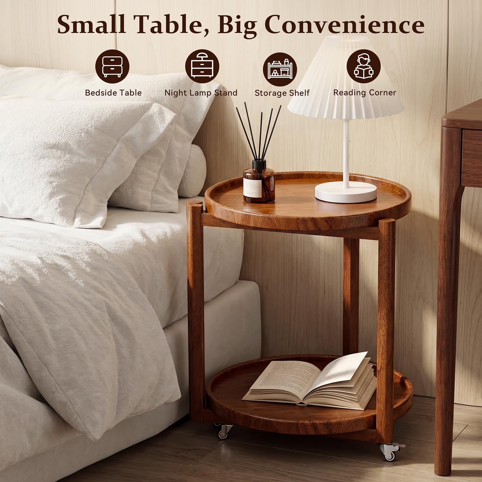 Round Rolling Side Table with Storage Shelf
