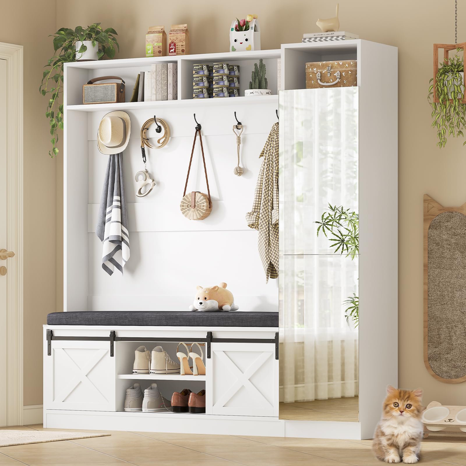 60IN Hall Tree with Bench, Shoe Storage & Mirror
