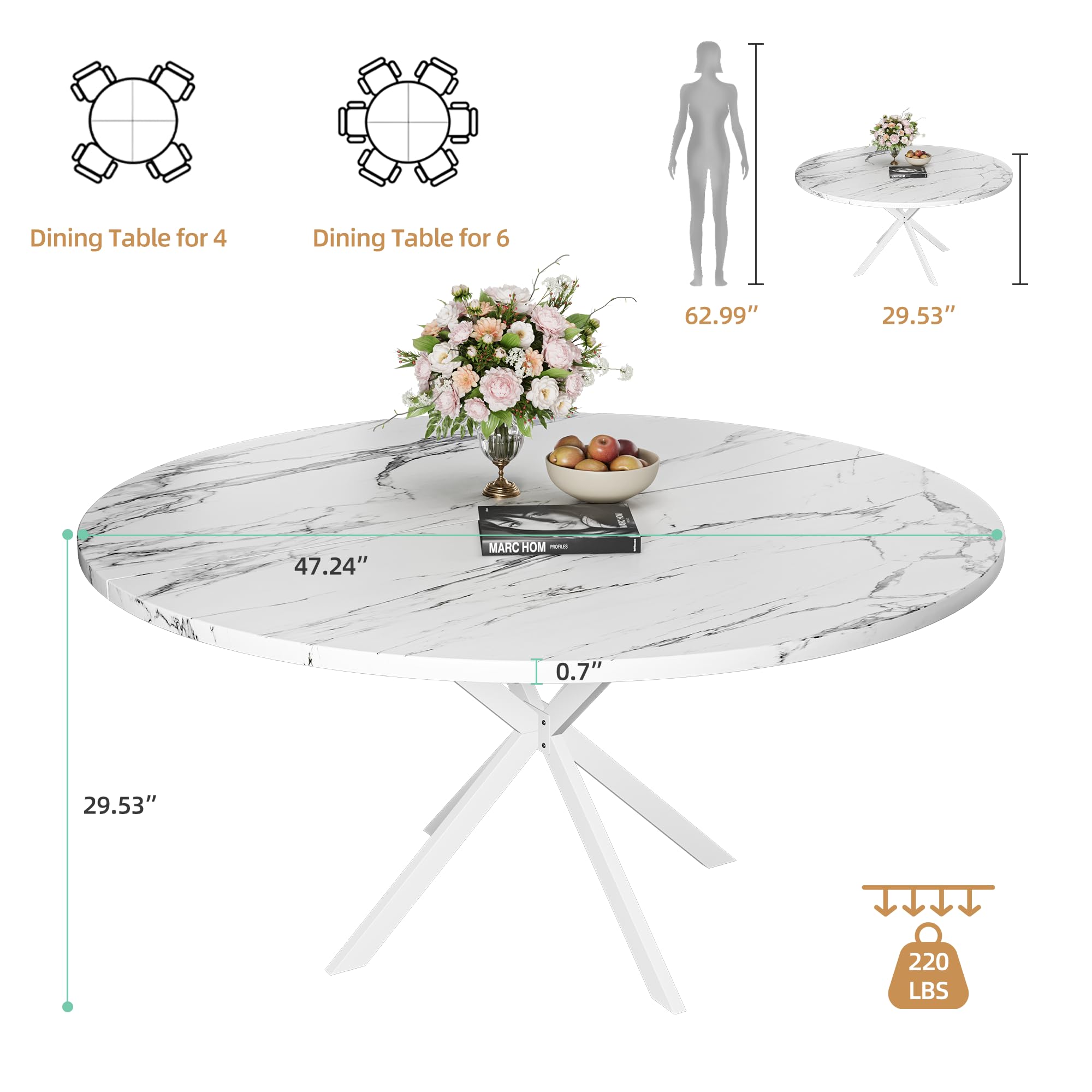 RLRO 47.24" Round Dining Table for 4-6 Person, Round Kitchen Table with Wood Top, Circle Dinner Pedestal Tables with Metal Legs for Dining Room Kitchen (White Marble)