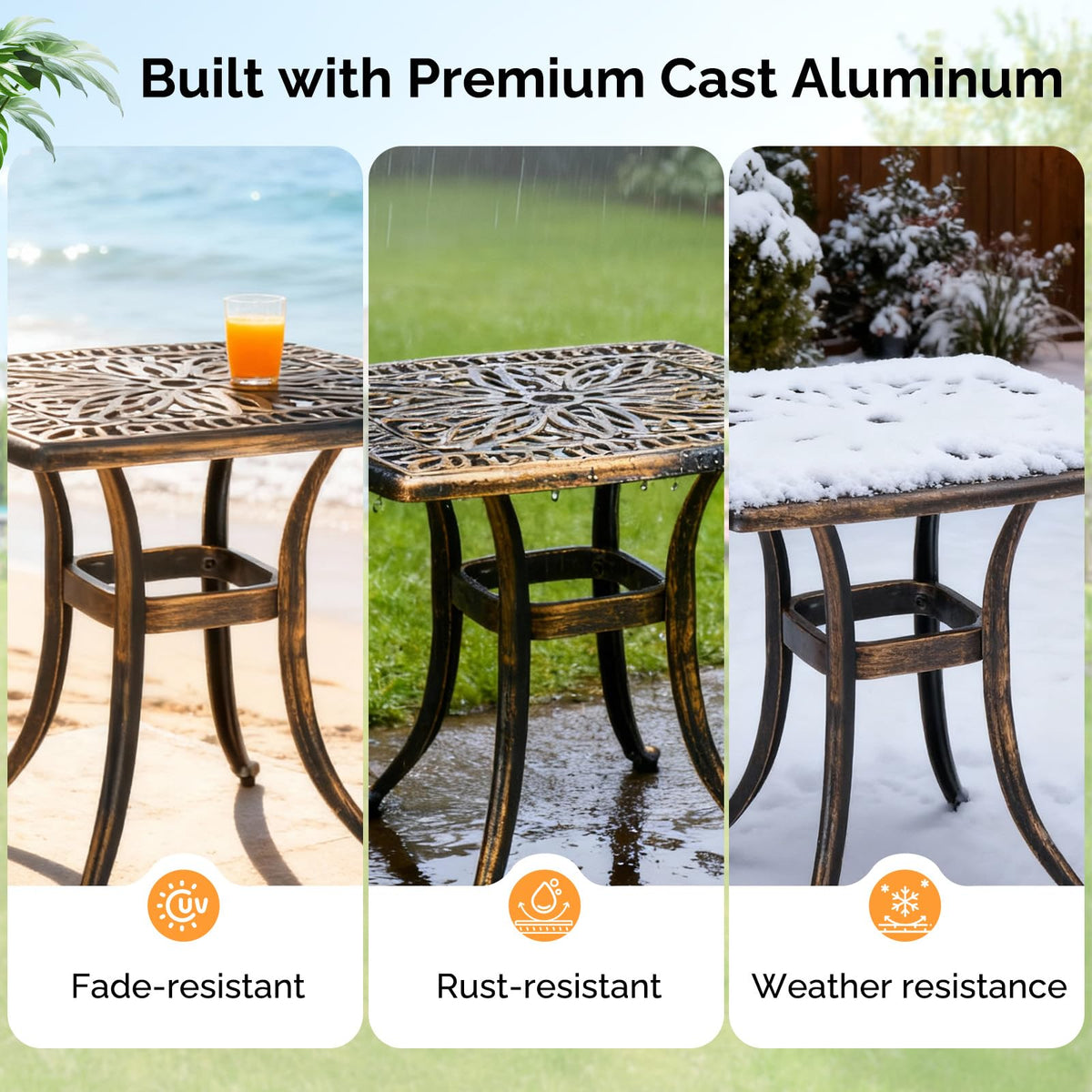 VINGLI 3-Piece Outdoor Bistro Set, All-Weather Cast Aluminum Patio Table & 2 Chairs Rustproof Small Outside Chairs for Lawn Garden Deck Pool (with Cushion)