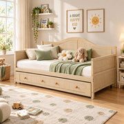 Twin Trundle Bed Frame, Twin Size Daybed with Rolling Trundle, Natural