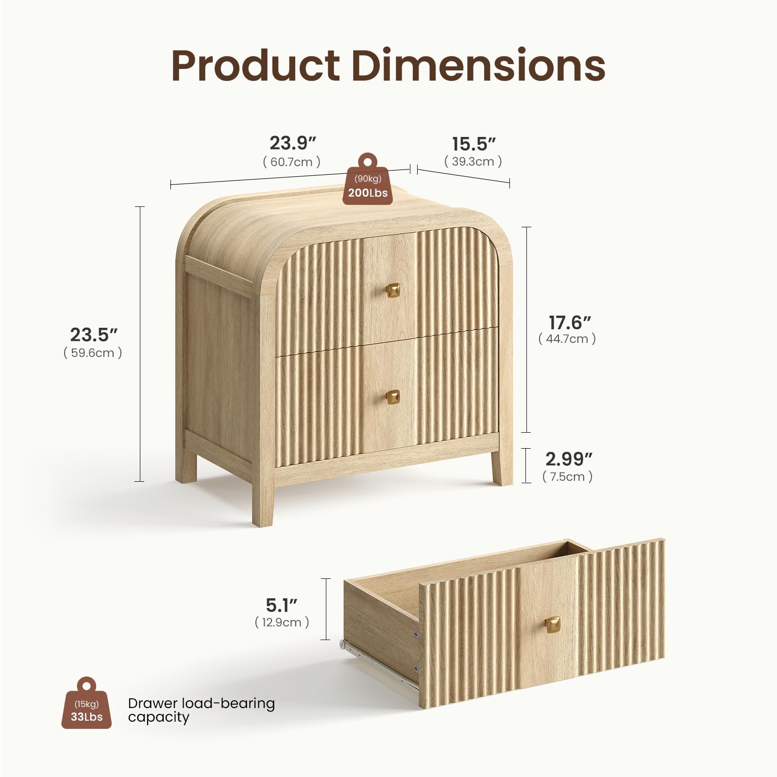 2-Drawer Wave-Fluted Nightstand with Curved Top